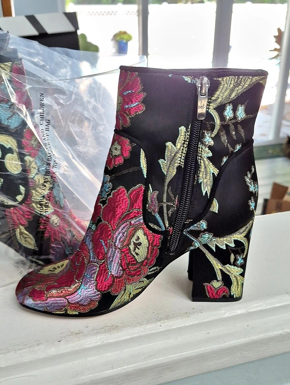 Azalea Wang Zilpah Floral Brocade Booties Black & Pink
